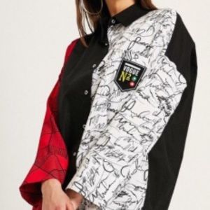 Black, white and red blouse button down